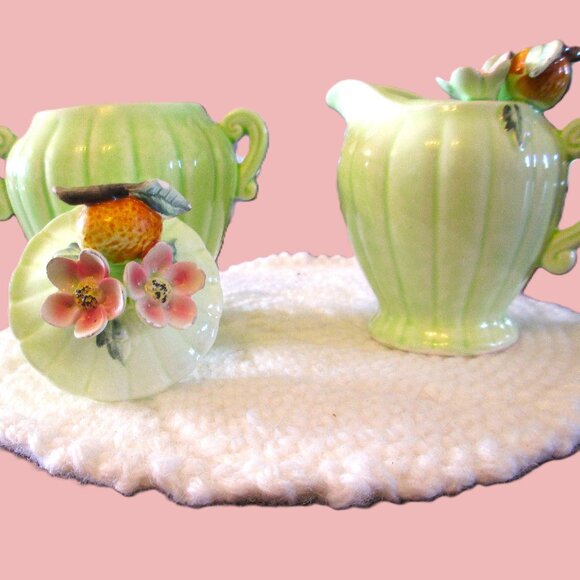 Vtg Napco Peach Blossom creamer & sugar bowl with lid from 20th cen - Picture 3 of 13